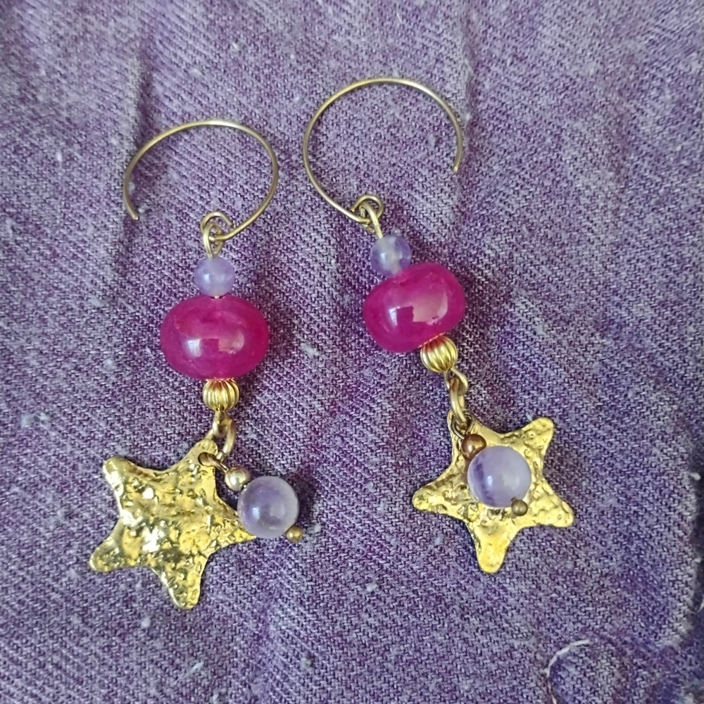 Amethyst + Pink Ruby Hammered Star Dangle Earrings